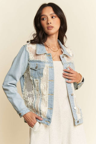 TIMELESS LACE CHEST POCKET BUTTON DOWN DENIM JACKET
