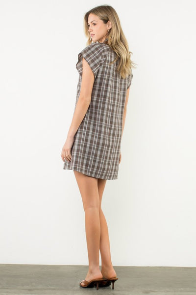 CASUAL CHIC PLAID V-NECK CONTRAST TRIM DRESS