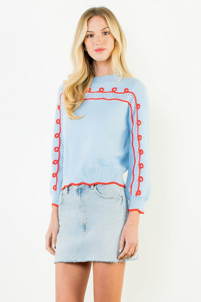 THML wavy loop trim knit sweater
women's blue knit sweater with red trim
loop trim crew neck sweater women
women's cropped knit sweater blue
THML sweater women's fashion
women's long sleeve statement knit sweater
powder blue knit sweater women
women's artisan trim knit sweater
wavy trim cropped sweater women
women's viscose blend knit sweater blue