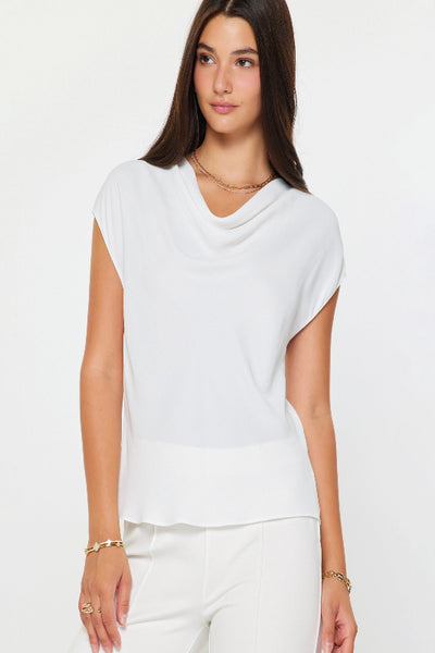 White cowl neck cap sleeve top with soft draped neckline and relaxed fit, front view.