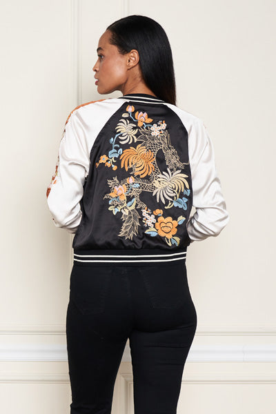 EMBROIDERED REVERSIBLE MIXED PRINT SATIN BOMBER JACKET