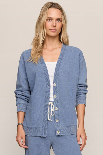 Z Supply cardigan, knit denim cardigan, French terry cardigan women, button front cardigan, oversized cardigan, lounge cardigan, Z Supply Dazed End, slate blue cardigan, cotton cardigan women, casual cardigan