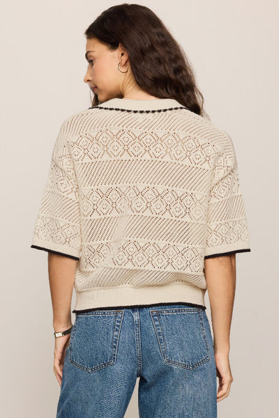 Z Supply Denman Crochet Polo Sweater in cream - back view, collared polo neckline, short sleeve, open-stitch crochet pattern, 100% cotton


