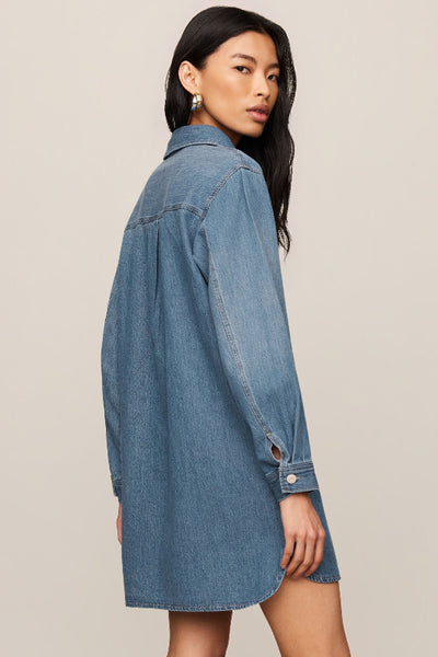 Z Supply Lucie Denim Shirt Dress — 100% cotton ultra soft denim, long sleeve, collared, back view