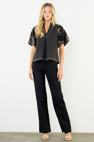 black floral embroidery puff sleeve top
women's embroidered woven blouse black
flutter sleeve embroidery top black
THML FTM3464 black top
split neckline embroidered blouse
black boho embroidery top women
cotton nylon woven embroidered blouse
black flutter sleeve top with gold embroidery
resort wear embroidered top black
artisan embroidery woven blouse women