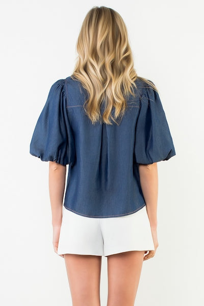 DECORATIVE TRIM PUFF SLEEVE DENIM BUTTON UP TOP