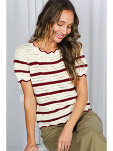 PLAYFUL SHORT SLEEVE EDGE DETAIL STRIPED SWEATER