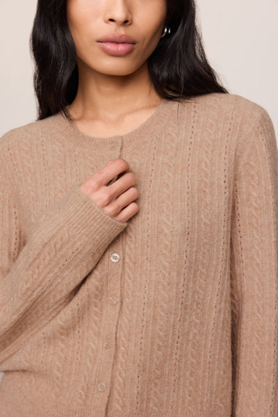 Close-up of Z Supply Medina Pointelle Cardigan in Macaroon showing textured knit, crew neckline, and buttons. Z Supply Medina Pointelle Cardigan; Z Supply Macaroon cardigan; Z Supply ZW263444; women's pointelle cardigan; women's button front cardigan; crew neck knit cardigan; long sleeve pointelle sweater; women's neutral cardigan; cropped pointelle cardigan; textured knit cardigan.