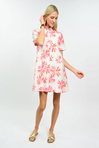 Uncle Frank flower print swing shirt dress withy pink  and coral flowers on ivory, front view with collar and half button-down.