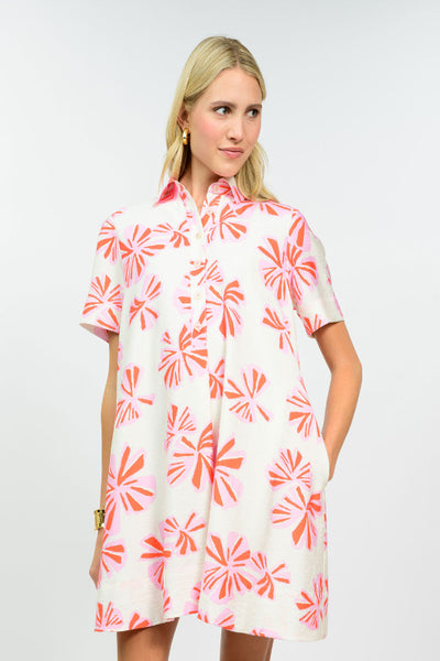 Uncle Frank flower print swing shirt dress withy pink  and coral flowers on ivory, front view with collar and half button-down.