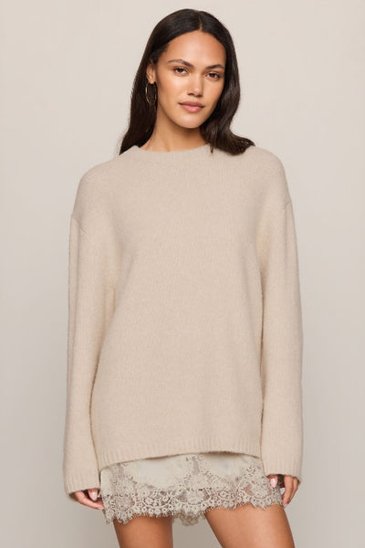 Front view of Z Supply Chill Mode Sweater in Frosted Pearl showing long sleeves and a relaxed silhouette. Z Supply Chill Mode Sweater; Z Supply Frosted Pearl sweater; Z Supply ZW264778; women's fluffy knit sweater; women's fuzzy crewneck sweater; long sleeve neutral sweater; relaxed fit knit pullover; women's cozy sweater; Frosted Pearl crewneck pullover; women's soft textured sweater.

