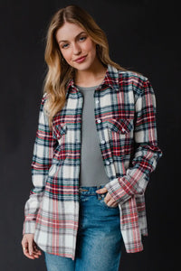 SOFT CREAM/NAVY/RED/GREEN PLAID BUTTON DOWN FLANNEL SHIRT