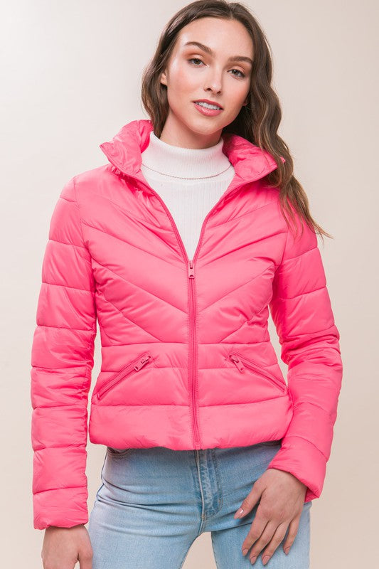 SOLID QUILTED ZIPPERED PUFFER JACKET