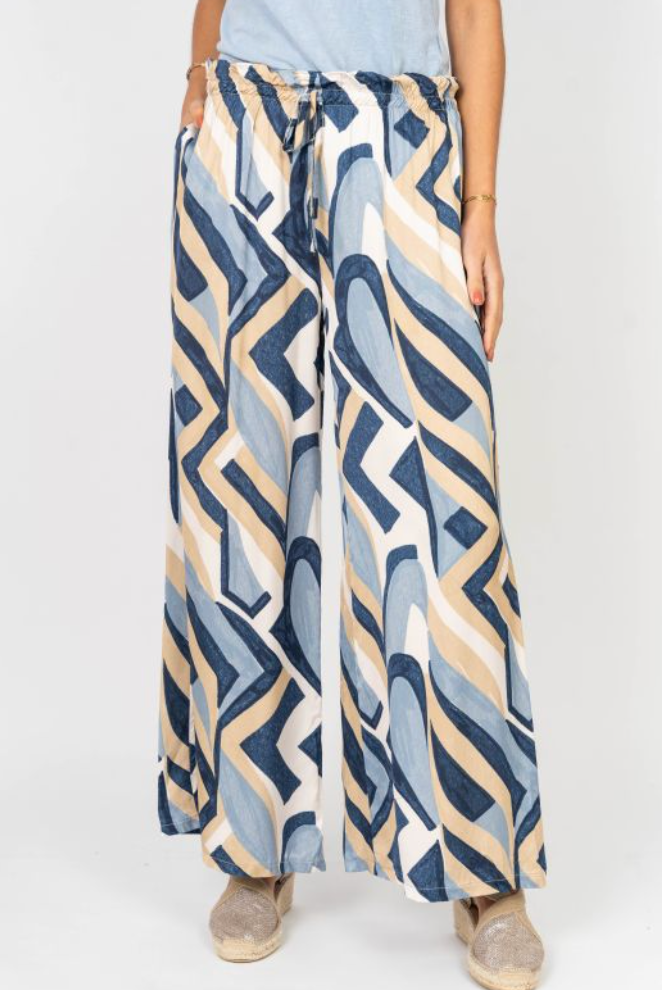 GEO PRINT WIDE LEG WASHABLE SILK PANT