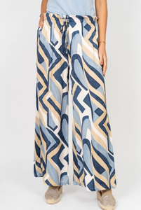GEO PRINT WIDE LEG WASHABLE SILK PANT