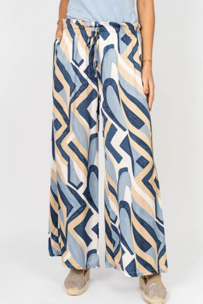 GEO PRINT WIDE LEG WASHABLE SILK PANT
