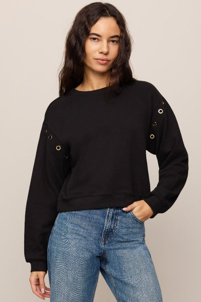 Z Supply grommet sweatshirt, grommet detail sweatshirt women, black French terry sweatshirt, 100% cotton sweatshirt, Z Supply Axel sweatshirt, crew neck sweatshirt women, hardware detail sweatshirt, cropped sweatshirt black,