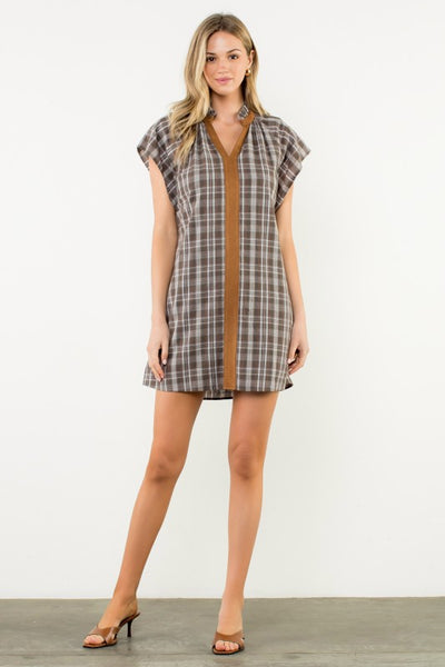 CASUAL CHIC PLAID V-NECK CONTRAST TRIM DRESS