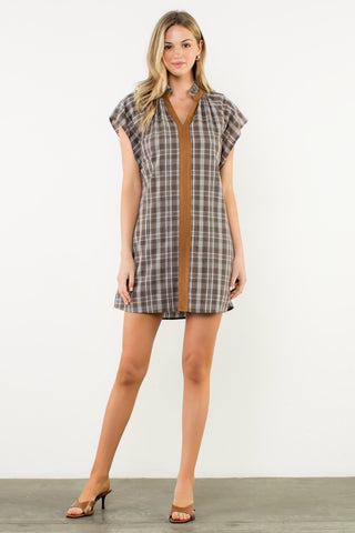 CASUAL CHIC PLAID V-NECK CONTRAST TRIM DRESS