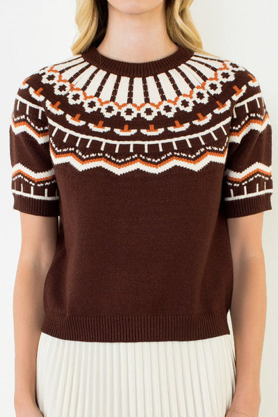 THML Fair Isle yoke knit sweater
women's brown Fair Isle pattern sweater
short sleeve Fair Isle sweater women
women's cropped pattern knit sweater brown
THML sweater women Cinnamon
women's autumn Fair Isle sweater
brown and cream yoke pattern sweater women
women's short sleeve knit sweater fall
Fair Isle cropped sweater women
women's viscose blend pattern sweater brown