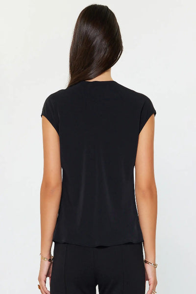 Black cowl neck cap sleeve top with soft draped neckline and relaxed fit, back view.