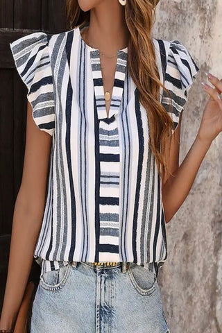 PLAYFUL COLOR BLOCKED STRIPE PATCHWORK RUFFLE SLEEVE PULLOVER SHIRT