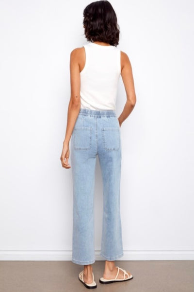 Drawstring Wide Leg Denim Pants - soft blue jeans paired with white tank- back view. 