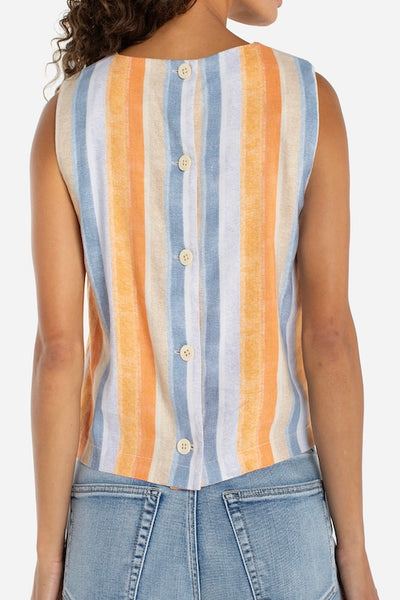 CHEERFUL AND FLATTERING SLEEVELESS SHELL TOP W/BUTTON BACK