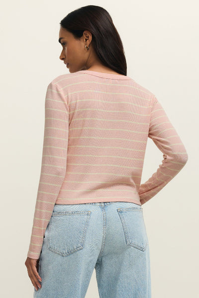 Pink striped henley long sleeve top with button - back of top on model