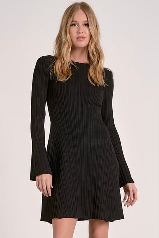 Ribbed knit black dress with long sleeves and crew neckline.