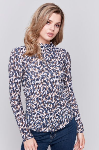 GORGEOUS PRINT TEXTURED MOCK NECK TOP