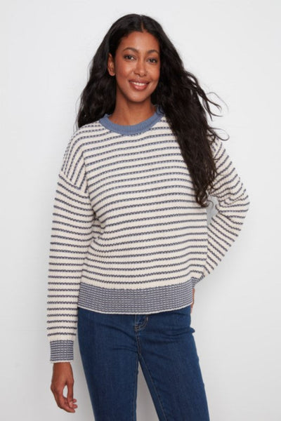 CASUAL AND COZY LONG SLEEVE DROP SHOULDER YARN DYE STRIPED CREW NECK SWEATER