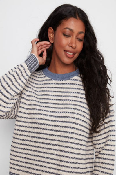 CASUAL AND COZY LONG SLEEVE DROP SHOULDER YARN DYE STRIPED CREW NECK SWEATER