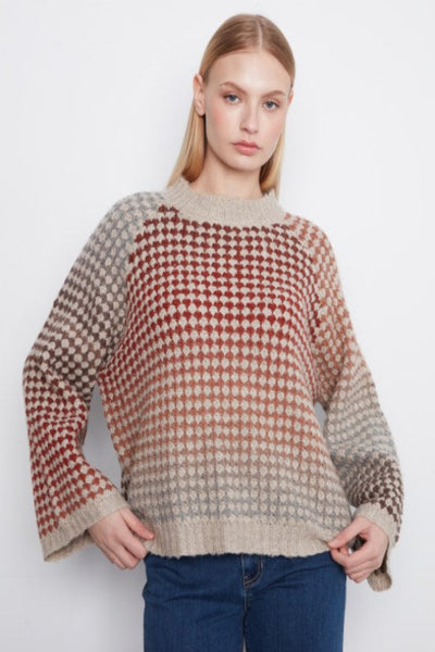 Charlie B mock neck knit sweater
multicolor checkerboard knit sweater women
ombré knit sweater boho style
women's 3/4 sleeve mock neck sweater
cranberry beige checkerboard sweater
Charlie B multicolor knitwear
relaxed boxy knit sweater women
warm tone checkerboard knit top
textured knit mock neck pullover
women's artisan knit sweater fall

