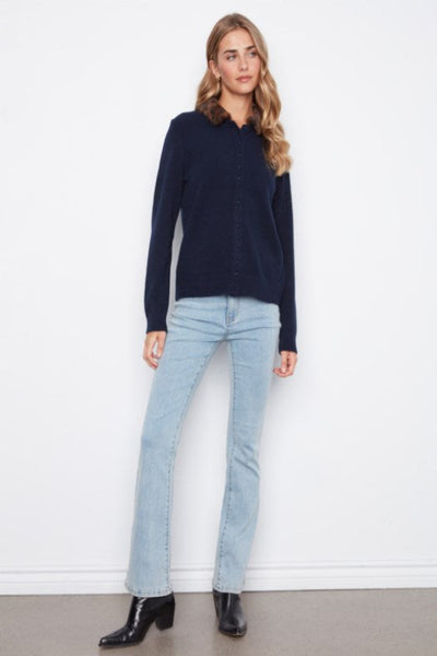 CHARLIE B NAVY PLUSHY BUTTON CARDIGAN WITH REMOVABLE FAUX FUR COLLAR