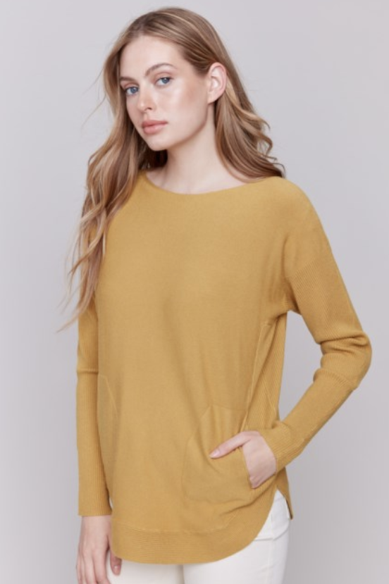 SOLID PLUSHY SWEATER W/RIBBED SLEEVES & LACE UP BACK