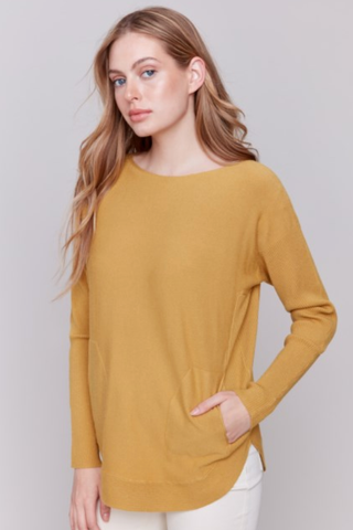 SOLID PLUSHY SWEATER W/RIBBED SLEEVES & LACE UP BACK