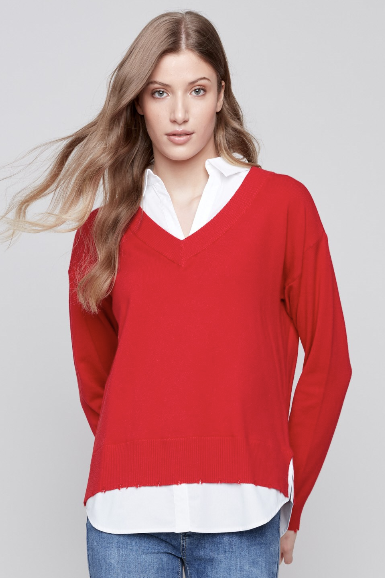 TWO-FER SOLID SWEATER W/INSET COLLARED SHIRT