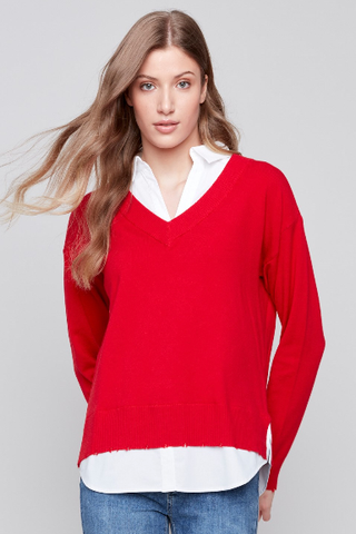 TWO-FER SOLID SWEATER W/INSET COLLARED SHIRT