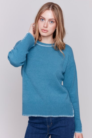 SOLID PLUSHY KNIT SWEATER W/WHIPSTITCH DETAIL