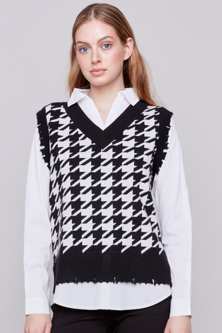 TWO-FER HOUNDSTOOTH SWEATER W/INSET COLLARED SHIRT