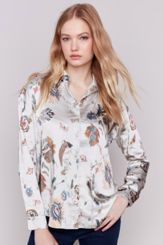 GORGEOUS PRINTED GUTSY SATIN BUTTON DOWN SHIRT