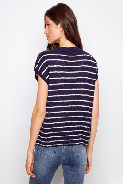 Navy and white striped crew neck sweater with drop cap sleeves. 