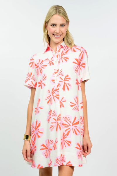 Uncle Frank flower print swing shirt dress withy pink  and coral flowers on ivory, front view with collar and half button-down