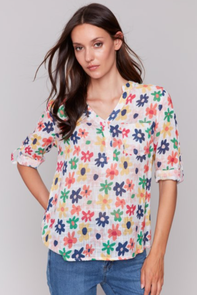BEAUTIFUL PRINTED GAUZE POPOVER ROLL TAB SLEEVE BLOUSE
