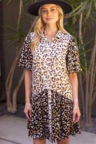FIERCE AND FEMININE MULTI ANIMAL PRINT TIERED SHIRT DRESS WITH PUFF SLEEVES