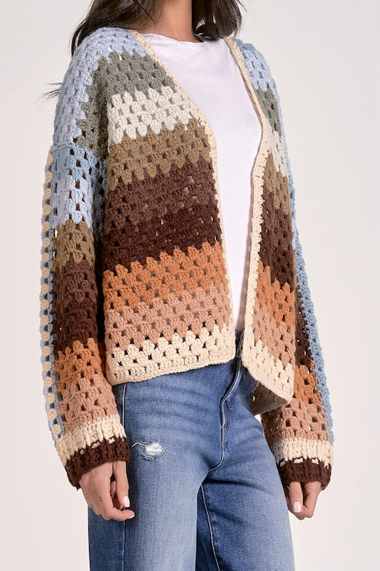 Elan crochet cardigan in neutral multi with bell sleeves and colorful stripe pattern.