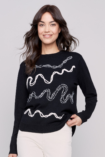 ABSTRACT EMBROIDERED DESIGN ROUND HEM SWEATER