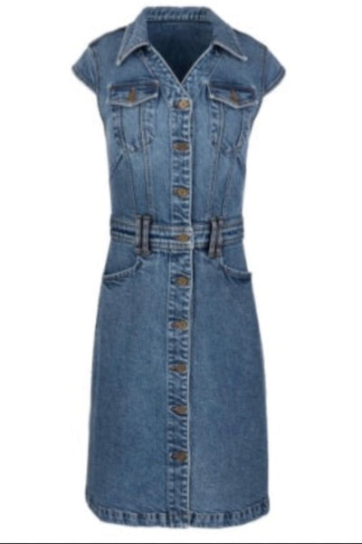 EFFORTLESSLY COOL RUTH DENIM FRONT DRESS W/ FLARED SLEEVE
