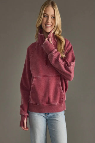 SPORTY AND COZY WINE QUARTER ZIP SWEATSHIRT